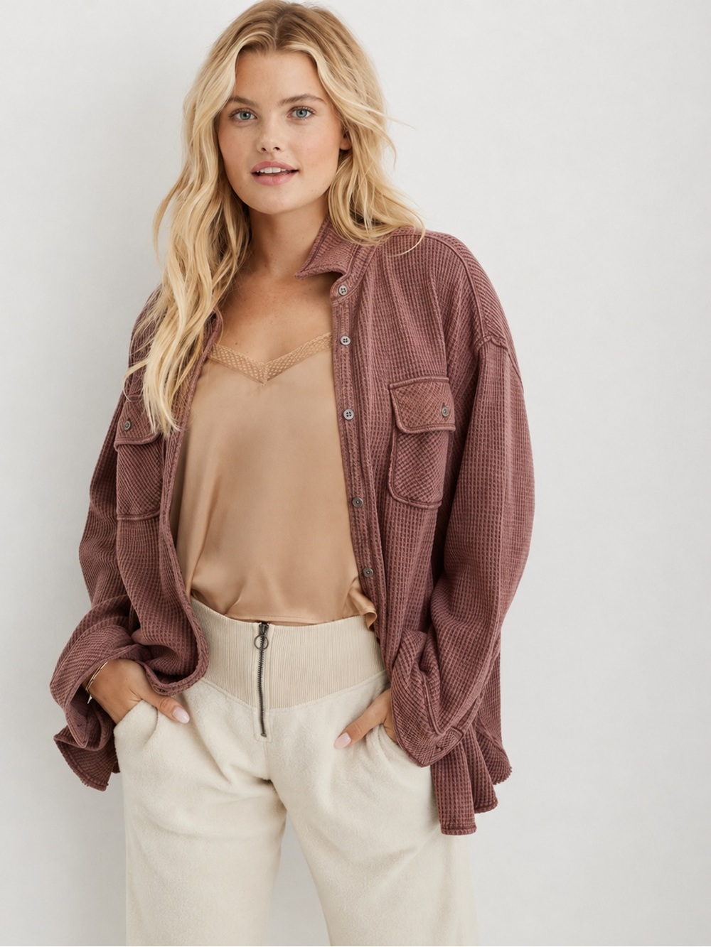 Aerie Lumberjane Waffle Shirt Brown Xs Oversized Fit Button Down